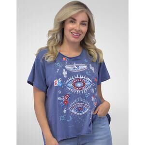 Kyla Seo Comfort Handmade Embroidered Evil Eye Graphic Relaxed Tee Blue, XL